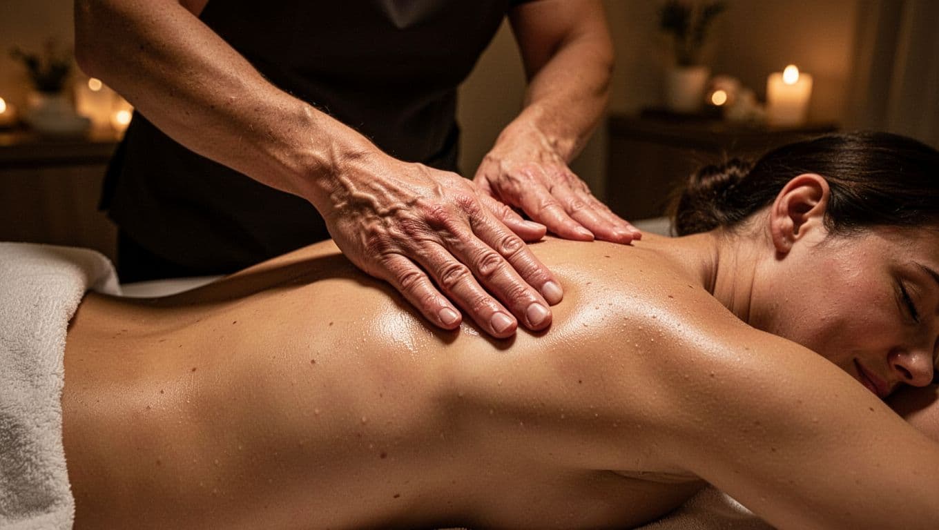 A professional therapist works on a client's back to relieve shoulder muscle tension in a spa.