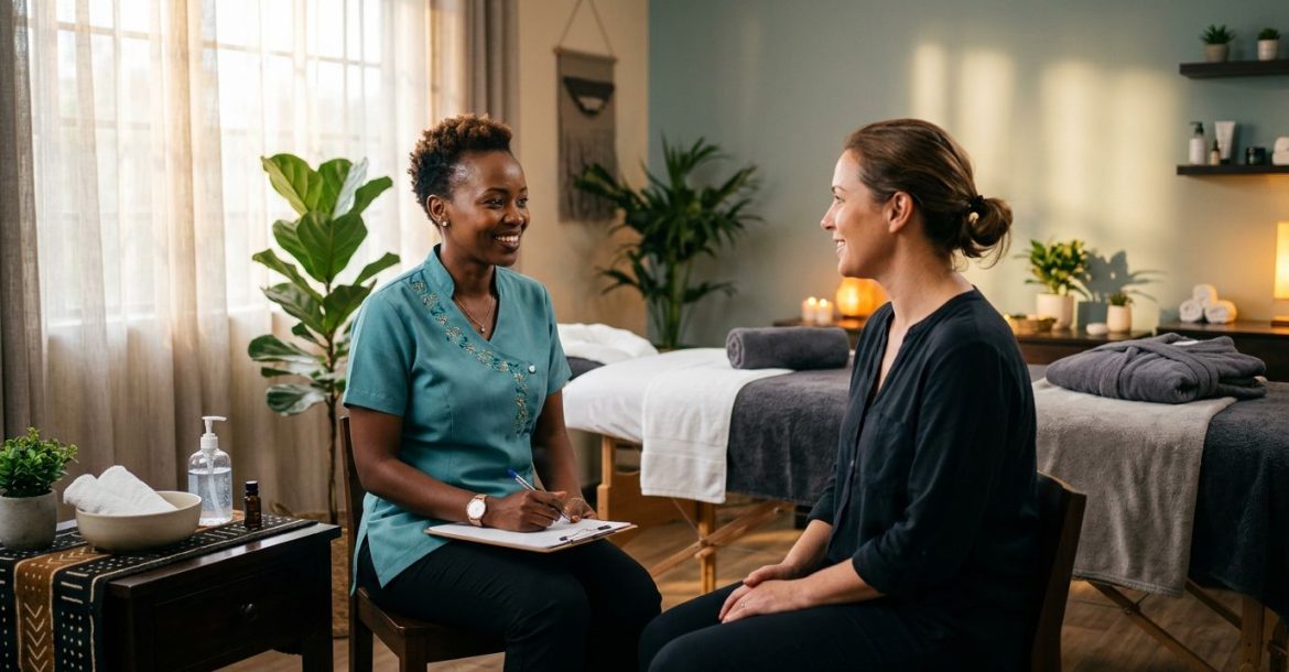 A smiling therapist in a teal uniform consults with a client in a bright, clean spa room.