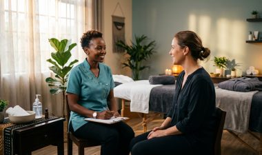 A smiling therapist in a teal uniform consults with a client in a bright, clean spa room.