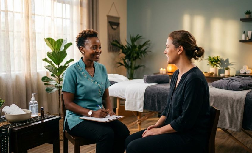 A smiling therapist in a teal uniform consults with a client in a bright, clean spa room.