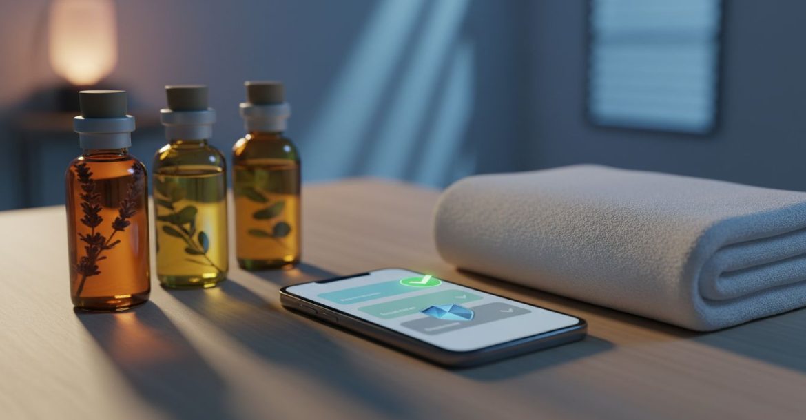A smartphone showing wellness appointment options next to massage oils on a spa table.