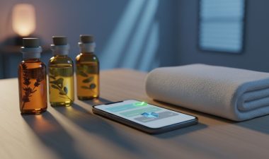 A smartphone showing wellness appointment options next to massage oils on a spa table.