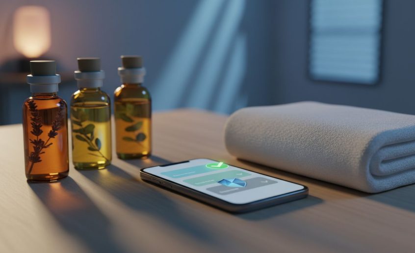A smartphone showing wellness appointment options next to massage oils on a spa table.