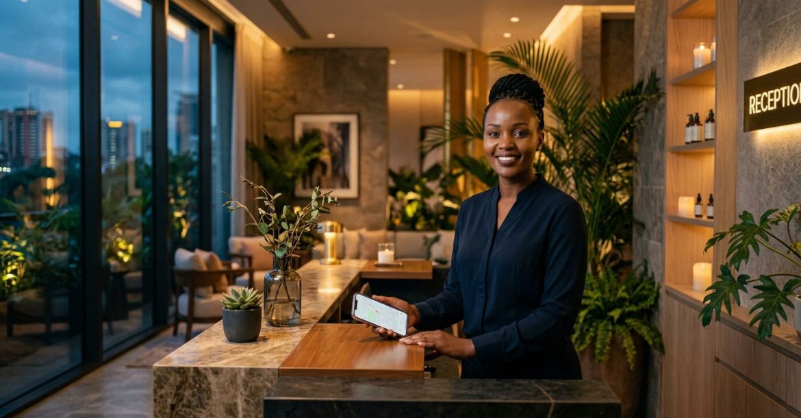A friendly receptionist welcoming guests at a high-end spa reception desk in Nairobi.