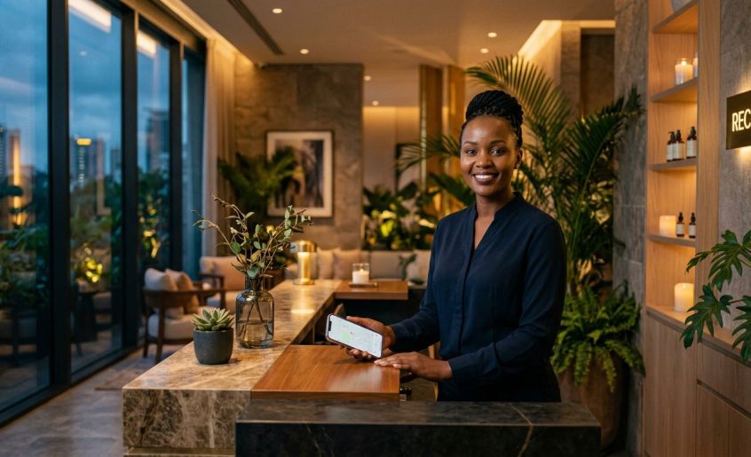A friendly receptionist welcoming guests at a high-end spa reception desk in Nairobi.