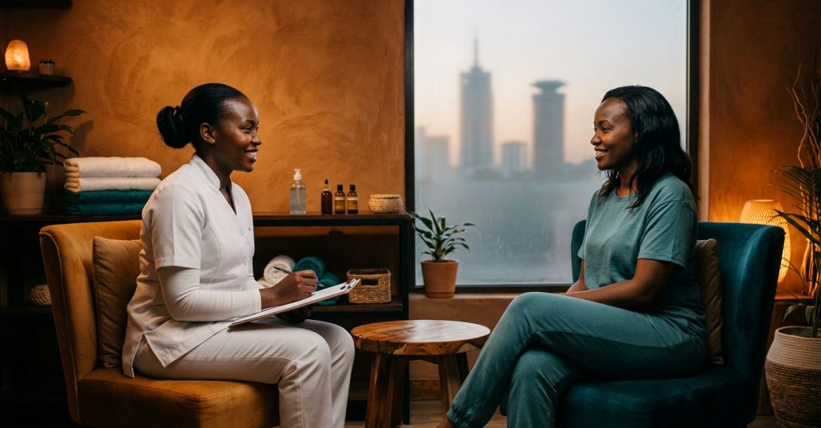 A therapist in a white uniform consulting a client inside a warm, professional Nairobi spa treatment room.