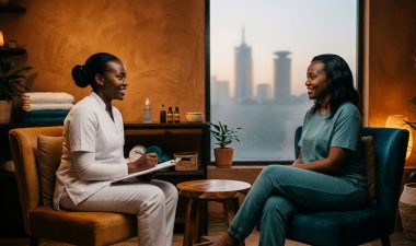 A therapist in a white uniform consulting a client inside a warm, professional Nairobi spa treatment room.