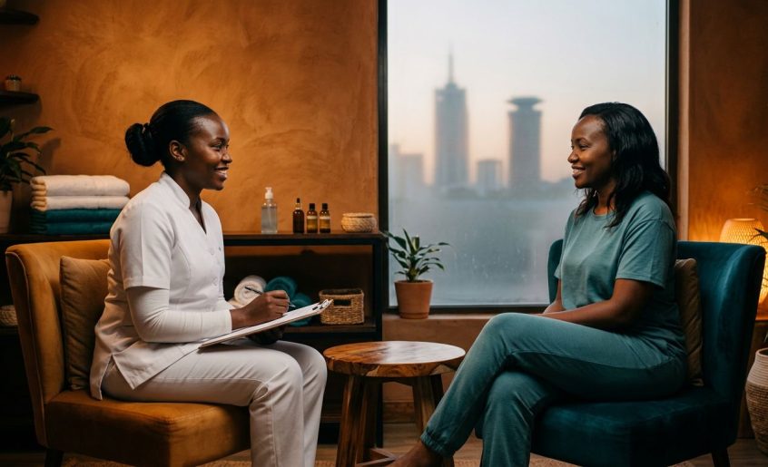 A therapist in a white uniform consulting a client inside a warm, professional Nairobi spa treatment room.