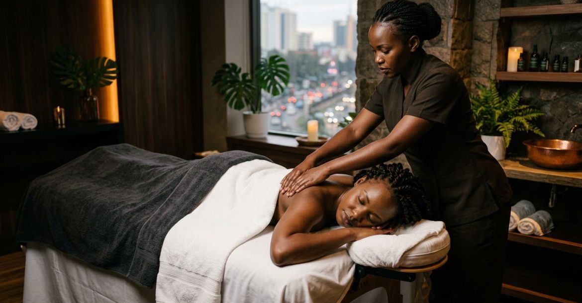 A woman receives a shoulder massage in a warmly lit Nairobi spa.