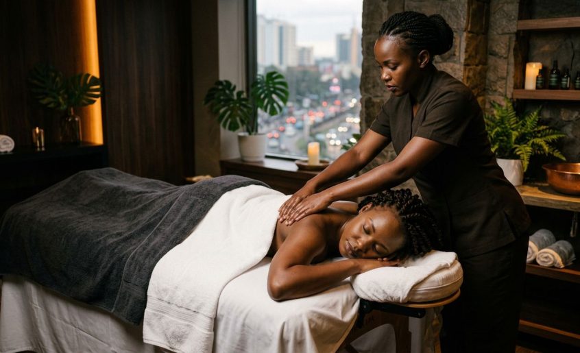 A woman receives a shoulder massage in a warmly lit Nairobi spa.