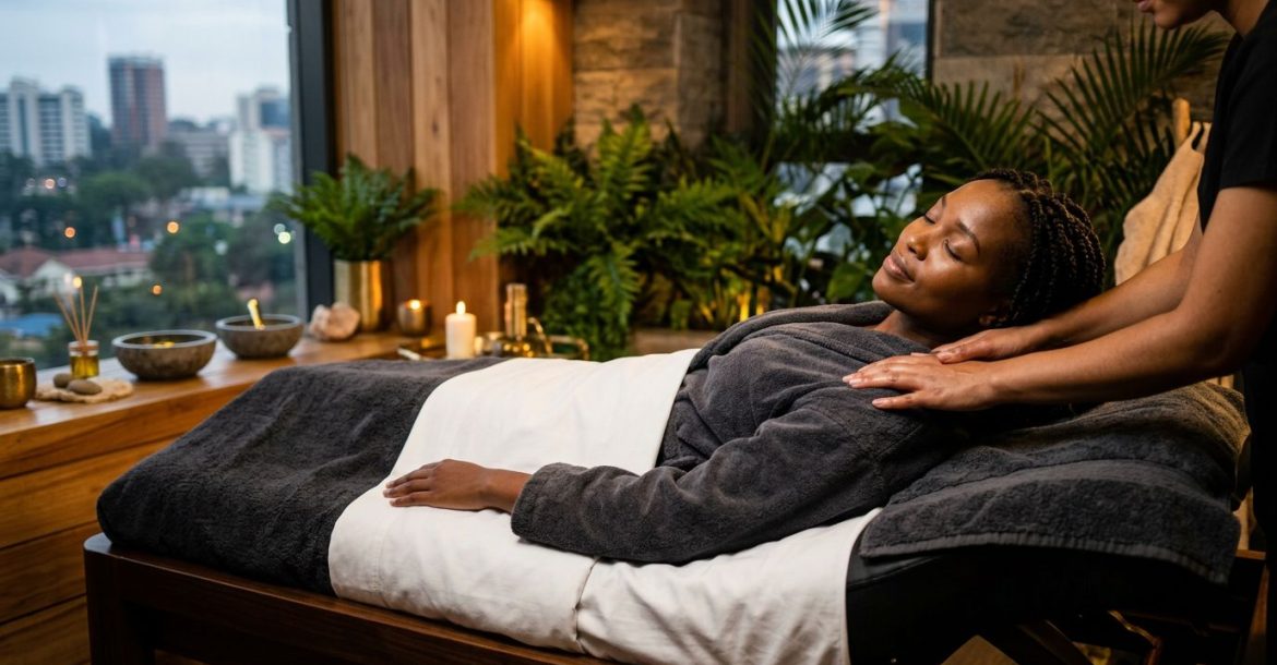 A woman receiving a relaxing shoulder massage in a serene Nairobi wellness spa.
