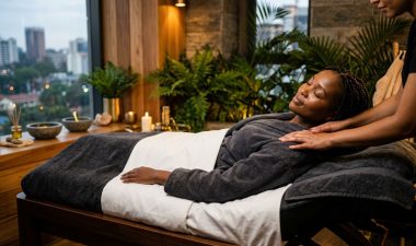 A woman receiving a relaxing shoulder massage in a serene Nairobi wellness spa.