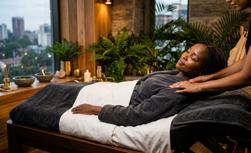 A woman receiving a relaxing shoulder massage in a serene Nairobi wellness spa.