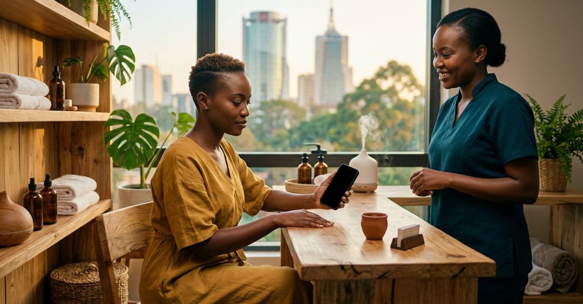 A woman checks her phone at a spa desk as a therapist stands nearby.