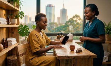 A woman checks her phone at a spa desk as a therapist stands nearby.