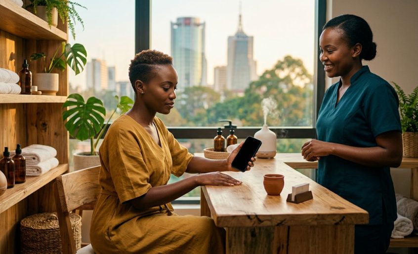 A woman checks her phone at a spa desk as a therapist stands nearby.
