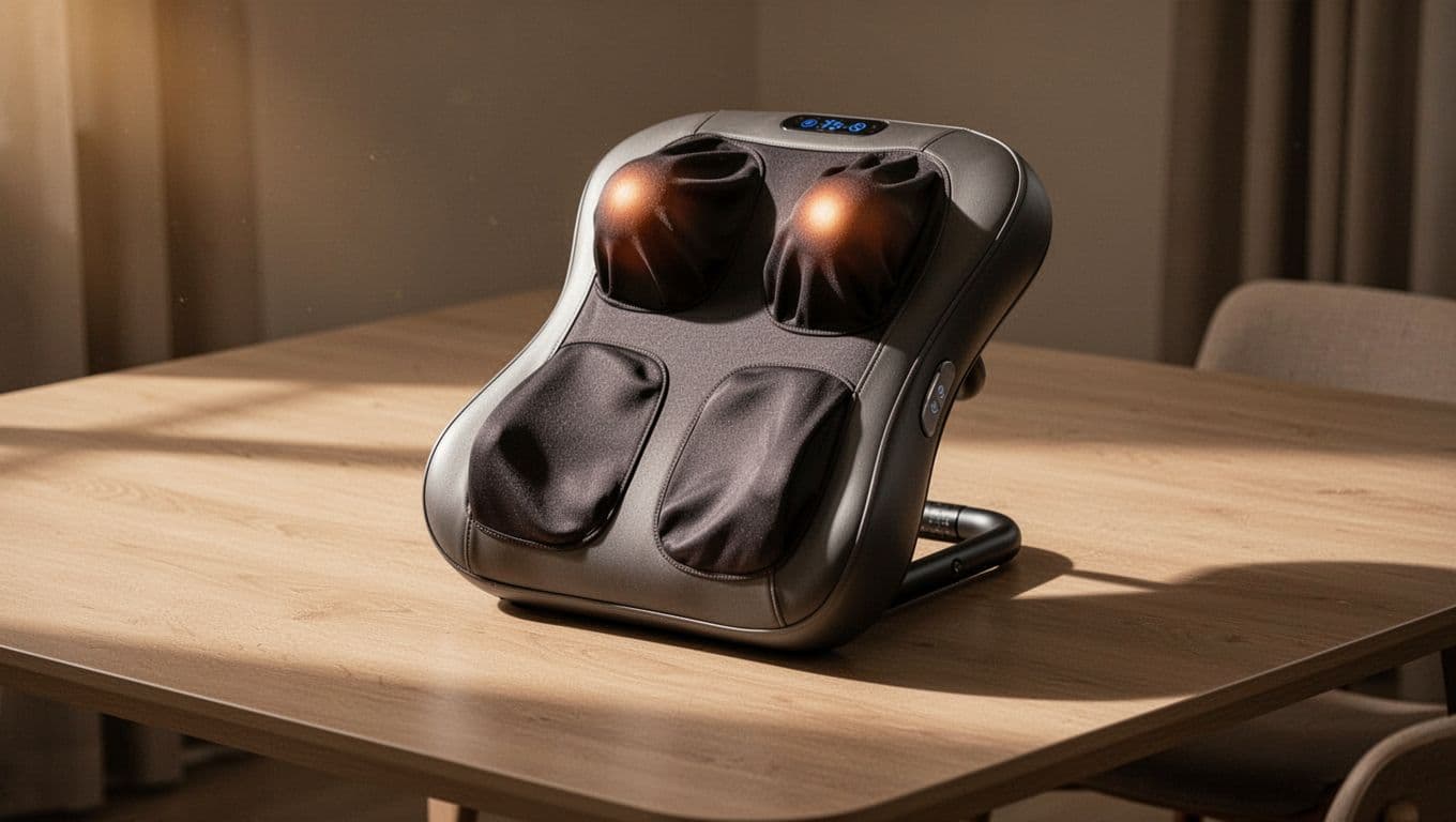 An ergonomic electronic back massager on a warm wooden table.