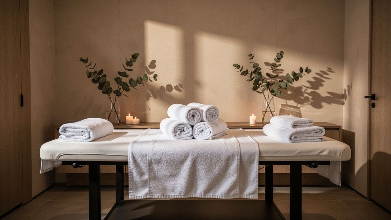 A serene spa treatment room featuring a massage table and soft lighting.