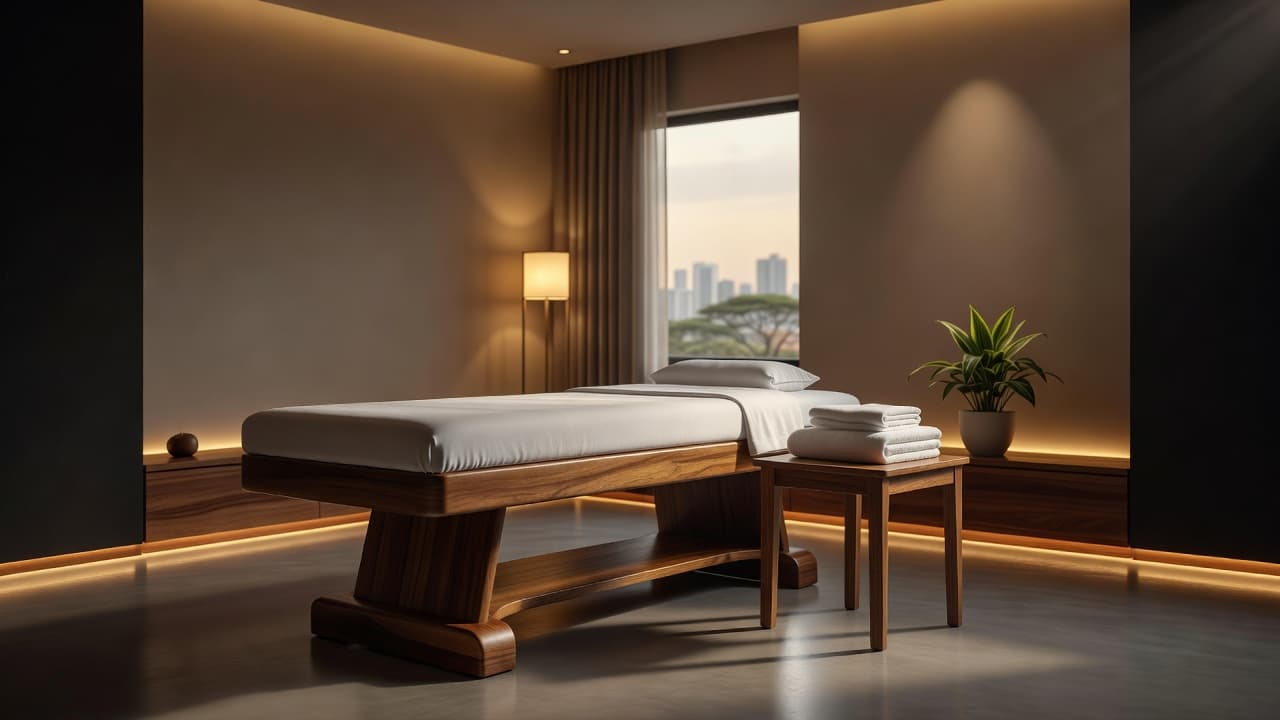 A professional massage table with fresh white linens inside a softly lit spa room.