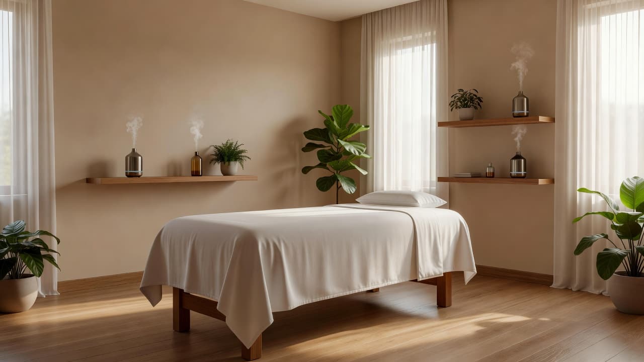 A tranquil massage room in Nairobi featuring a wooden table, fresh plants, and warm natural lighting.