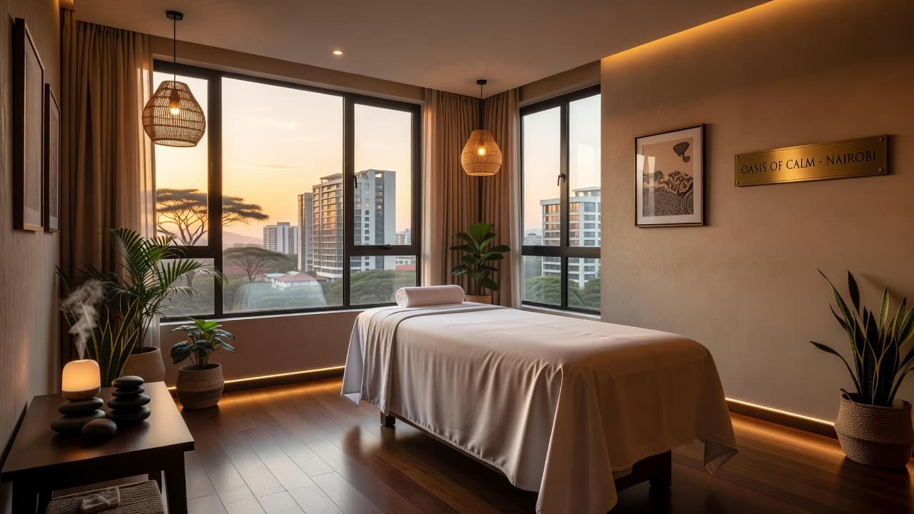 A professional spa room with a massage table and soft lighting.