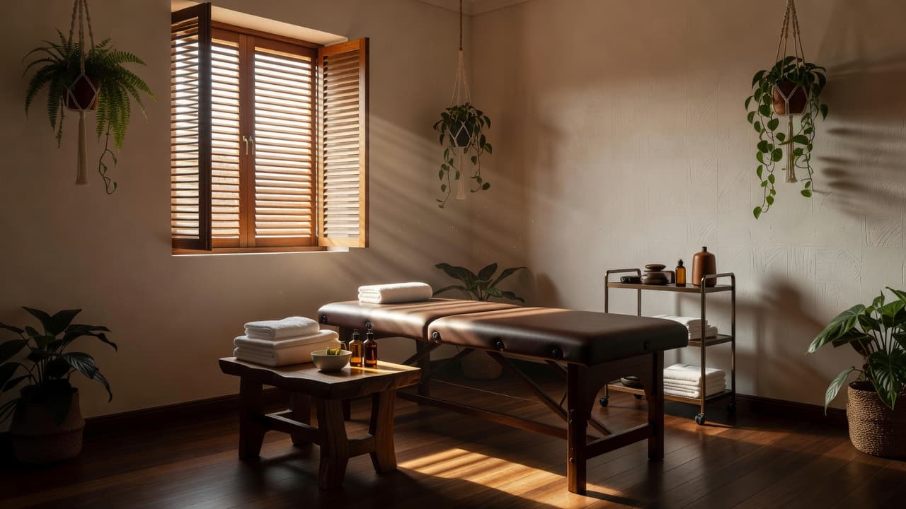 A serene massage room with a treatment table and rolled towels under soft lighting.