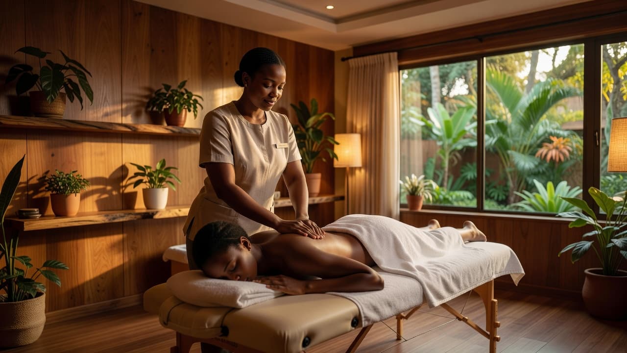 A therapist giving a relaxing back massage in a warm, wood-accented spa room.