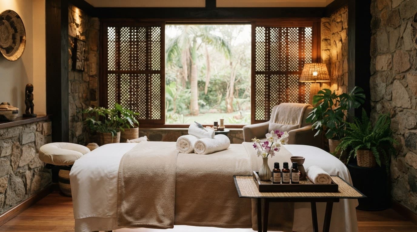 A prepared massage table with clean towels and orchids in a dimly lit spa room.