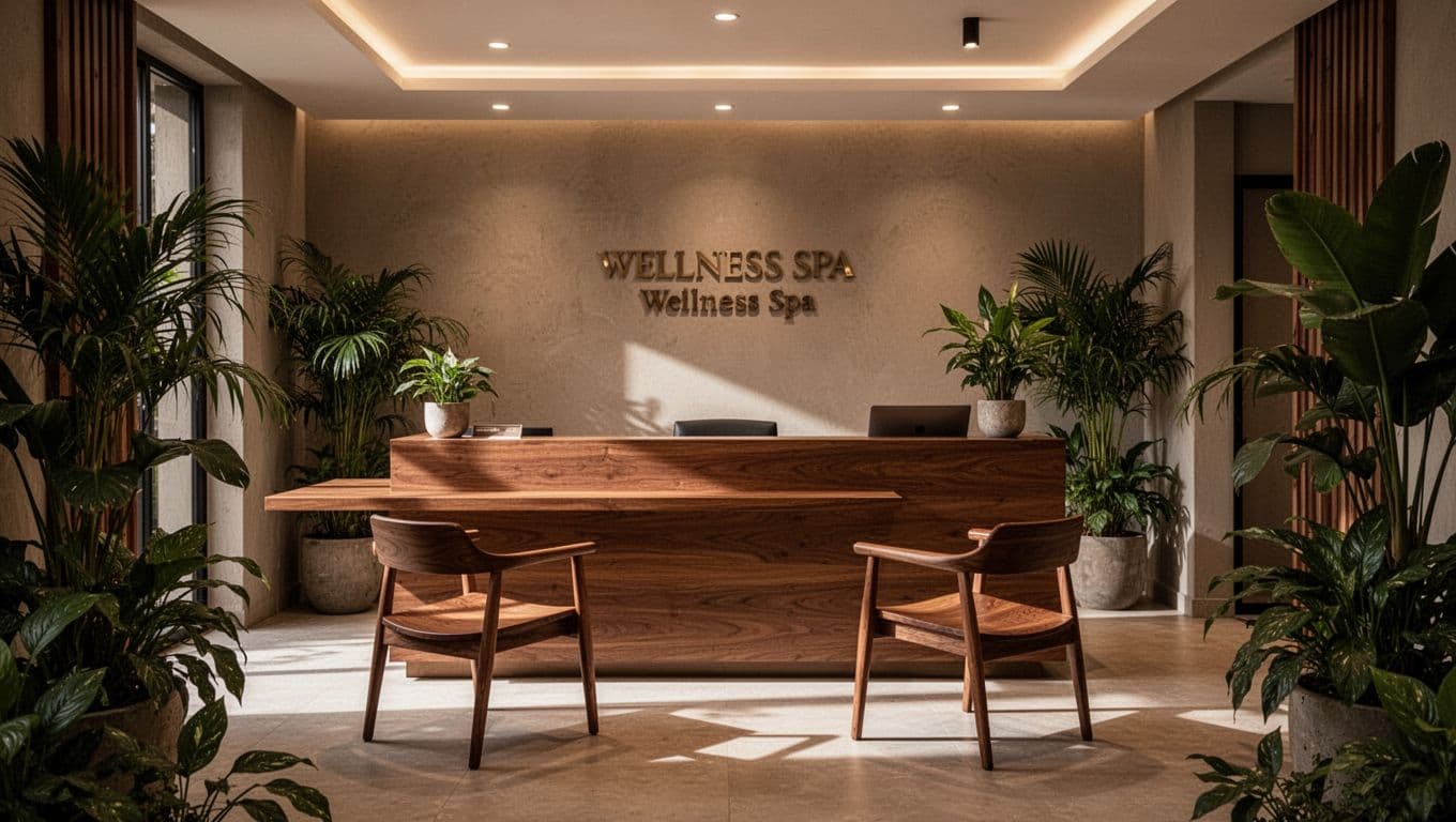 A modern wooden reception desk inside a dimly lit wellness spa with indoor plants.