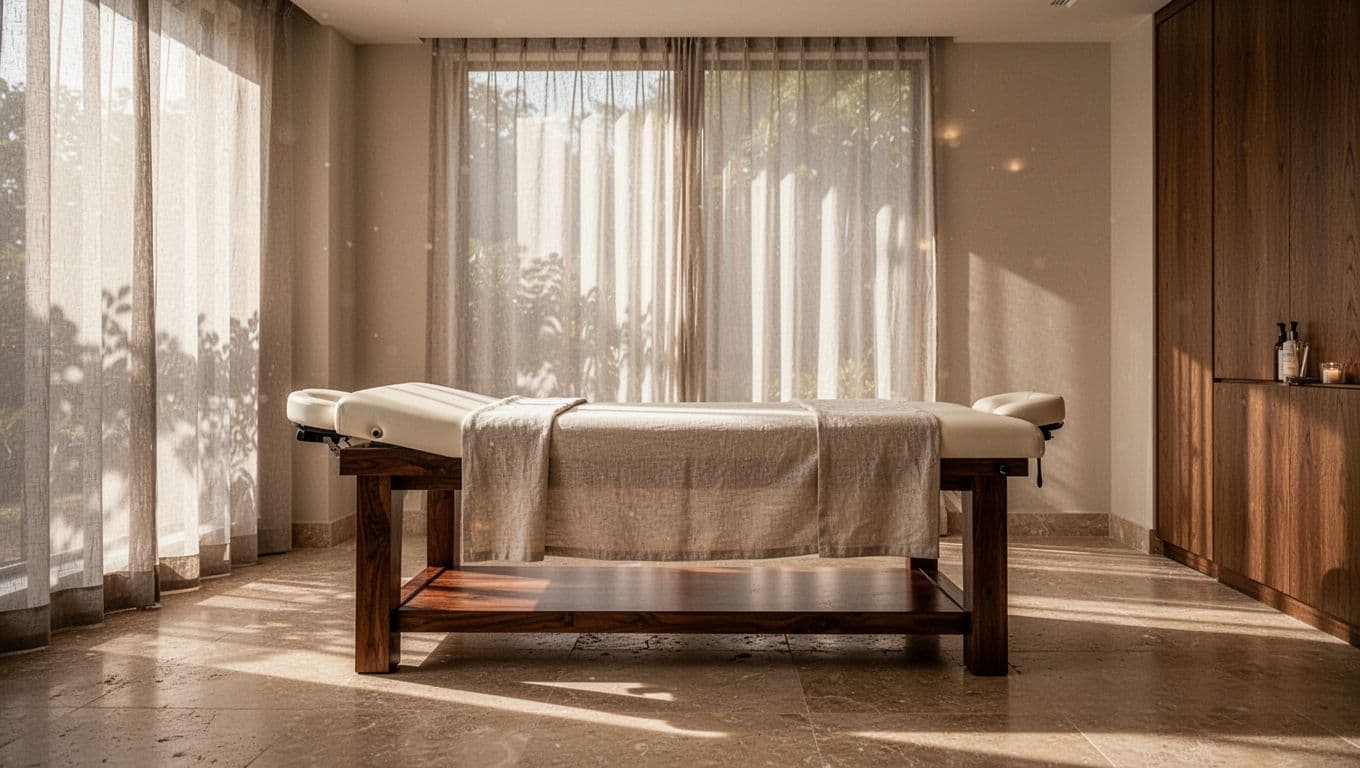 An empty massage table in a dimly lit, serene wellness spa room.
