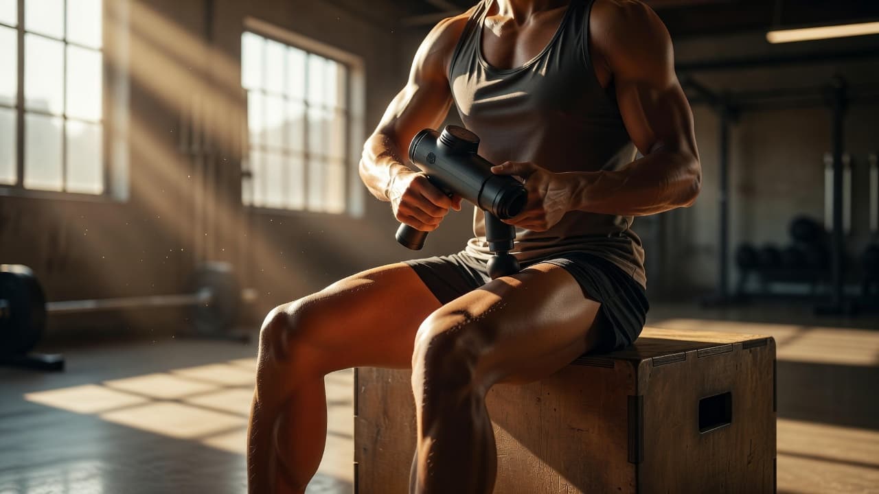 A person uses a black massage gun on their thigh while sitting on a wooden gym box.