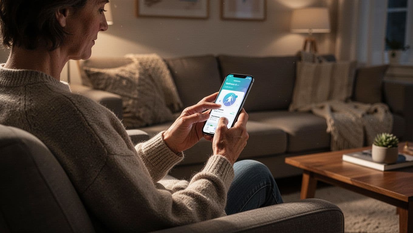 A person uses a smartphone wellness app in a cozy living room.