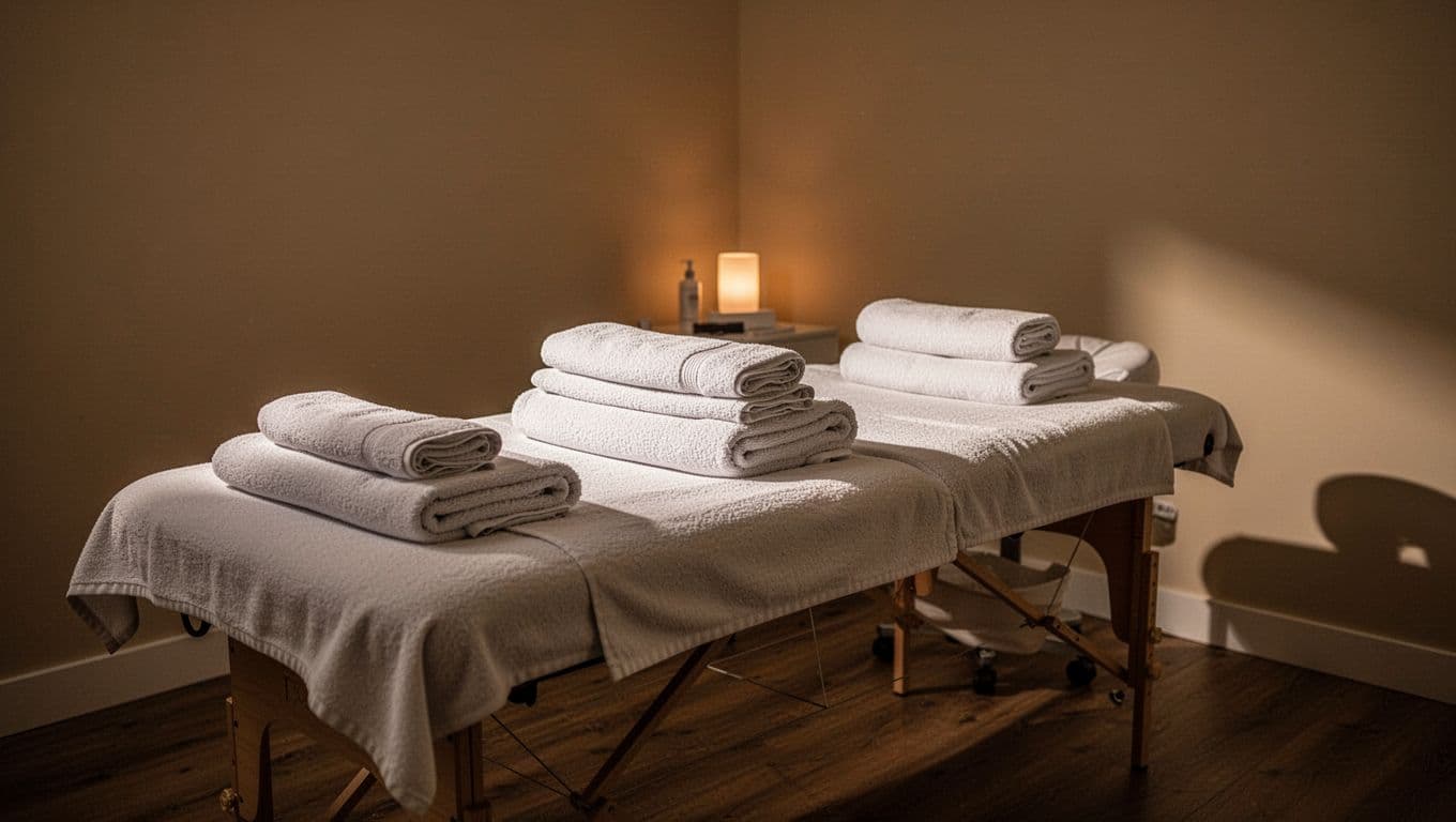 A massage table with folded towels under warm ambient lighting.