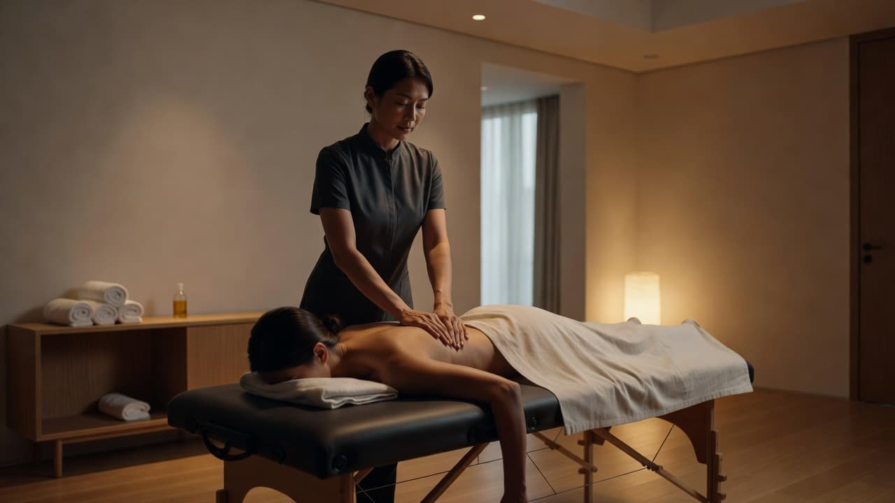 A massage therapist prepares a serene treatment room for a client under warm, soft lighting.