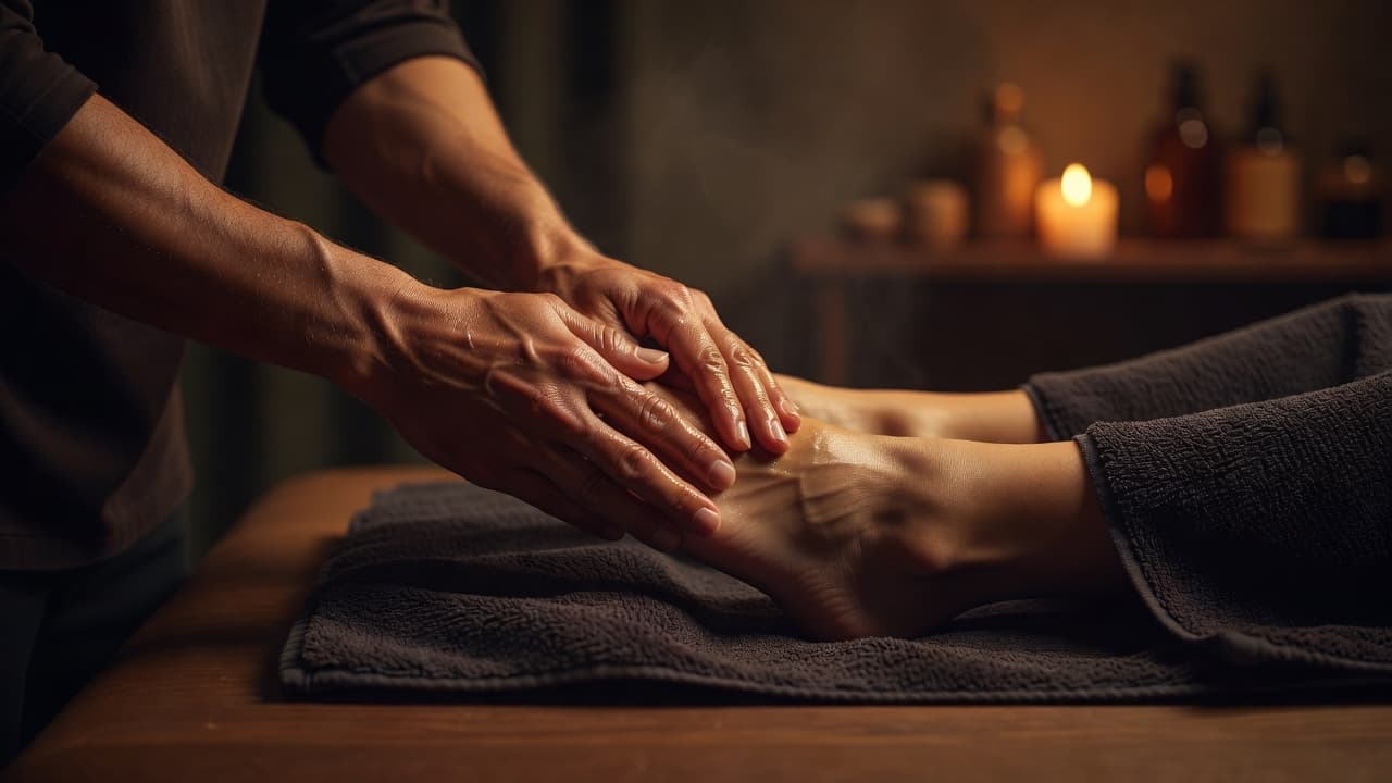 A therapist performs a soothing foot massage in a dark and peaceful wellness spa.