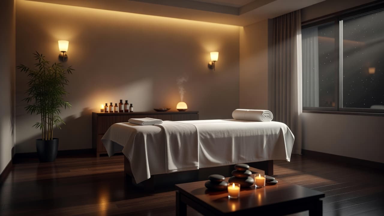 A clean massage table centered in a warmly lit, serene spa treatment room.