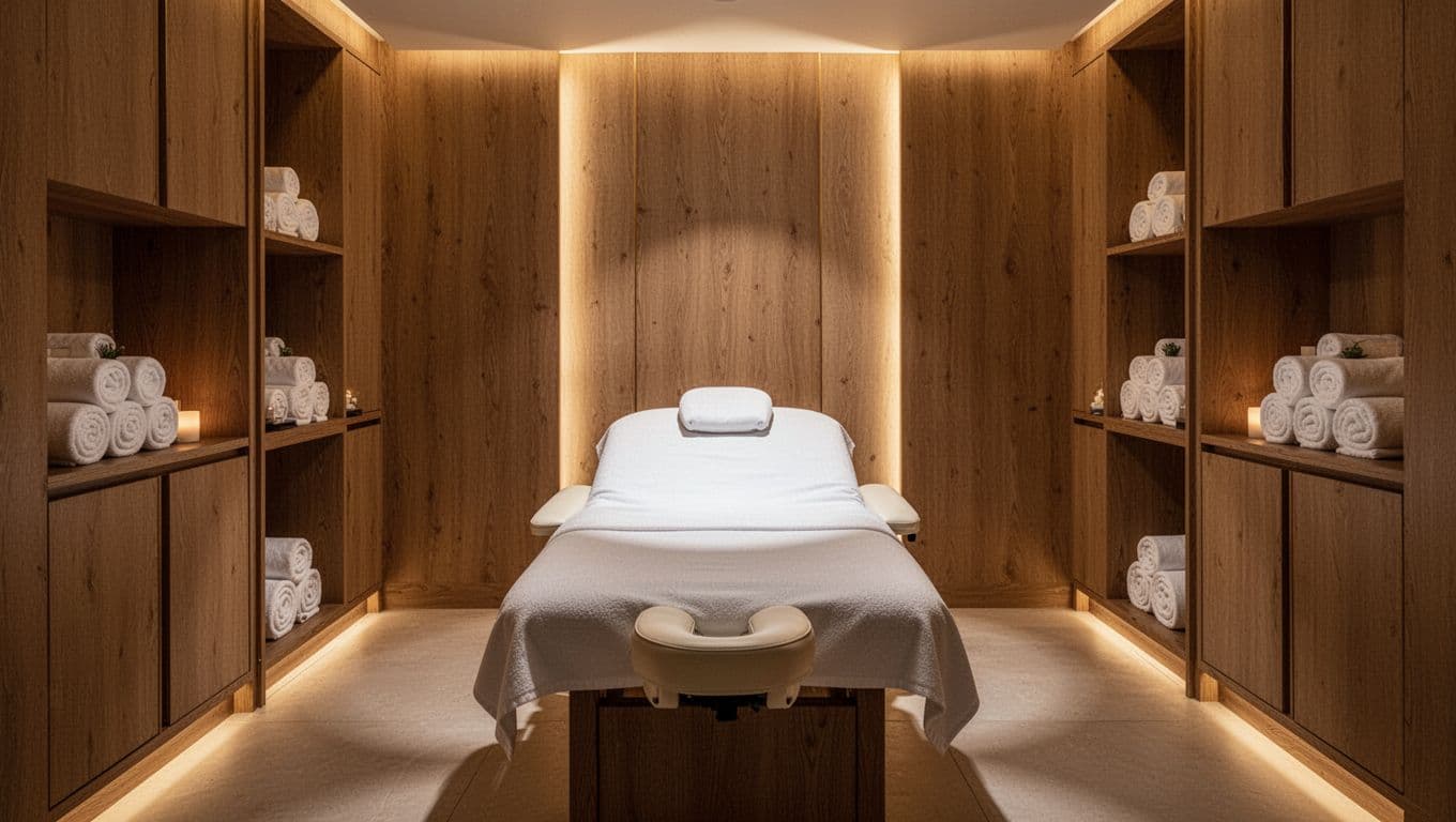 An empty massage table in a peaceful spa room with warm wooden decor and white towels.