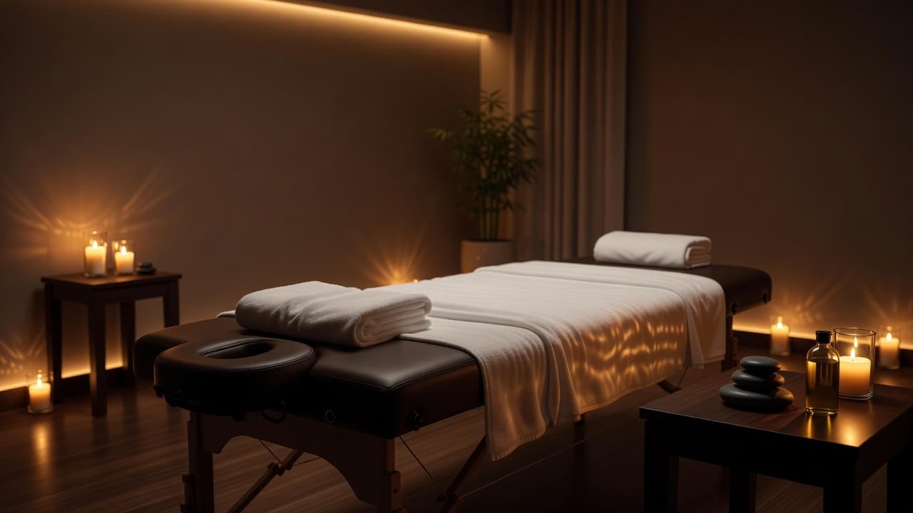 A calm spa room with a massage table and warm golden lighting.