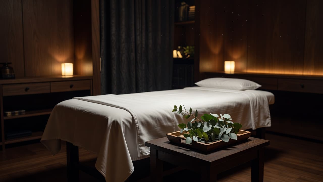 A padded massage table with white linens in a warmly lit room with eucalyptus leaves.