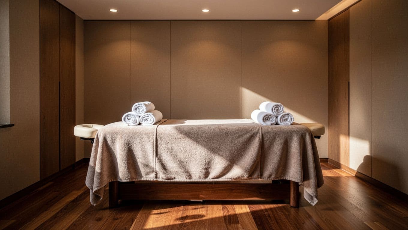 A tranquil massage table and rolled towels in a dimly lit spa room.