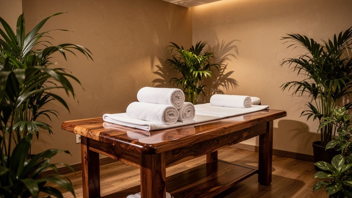 A warm massage room with wooden tables, white towels, and green plants.