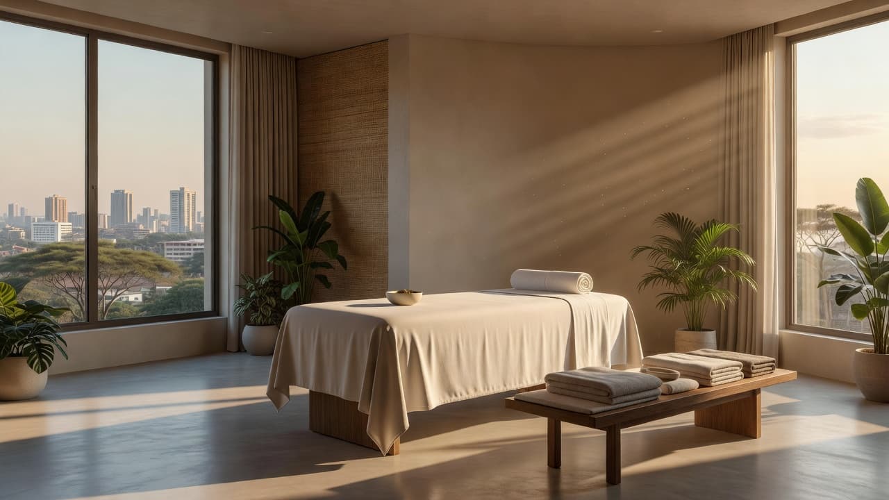 A tranquil massage room in Nairobi with soft lighting and neutral decor.