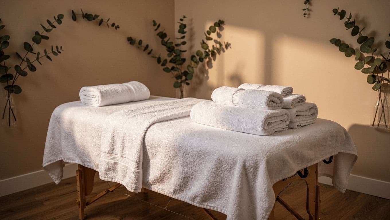 A warm massage table with white towels and eucalyptus decor in a soothing spa room.