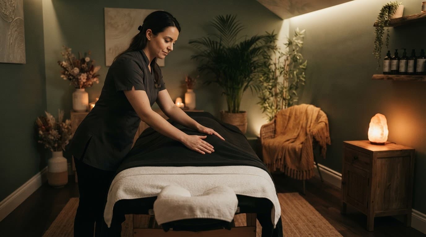 A therapist works beside a massage table with towels in a dim, leafy spa room.