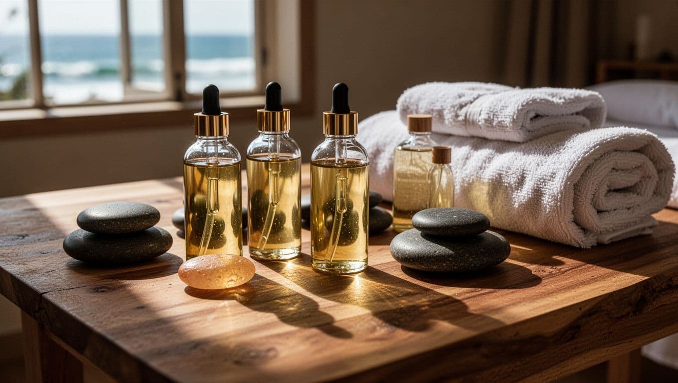 Massage oils, warm stones, and rolled towels arranged on a wooden spa table.