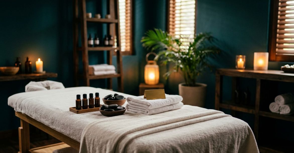 Massage table with towels, oils, stones, and a polished price tag in a softly lit spa.