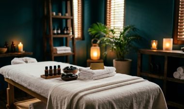 Massage table with towels, oils, stones, and a polished price tag in a softly lit spa.