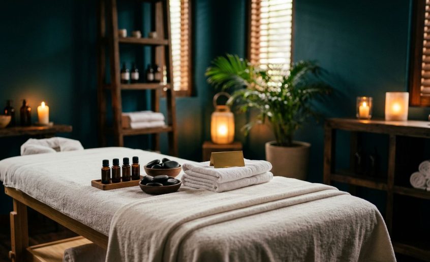 Massage table with towels, oils, stones, and a polished price tag in a softly lit spa.