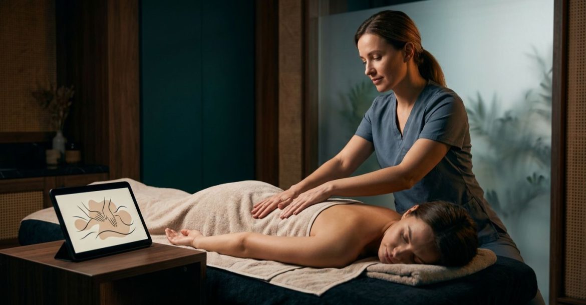 A therapist demonstrates a back massage on a fully draped client beside a tablet.