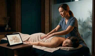 A therapist demonstrates a back massage on a fully draped client beside a tablet.